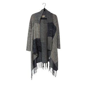 Knox Rose Patchwork Knit Fringe Cardigan Sweater S Blue & Gray Open Front Lightw